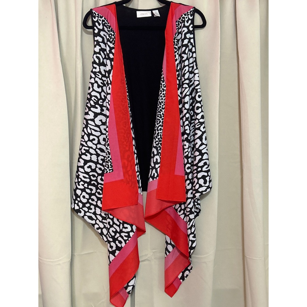 Chico's Mixed Media Animal Print Draped Vest Size 2 Black Red Pink Leopard